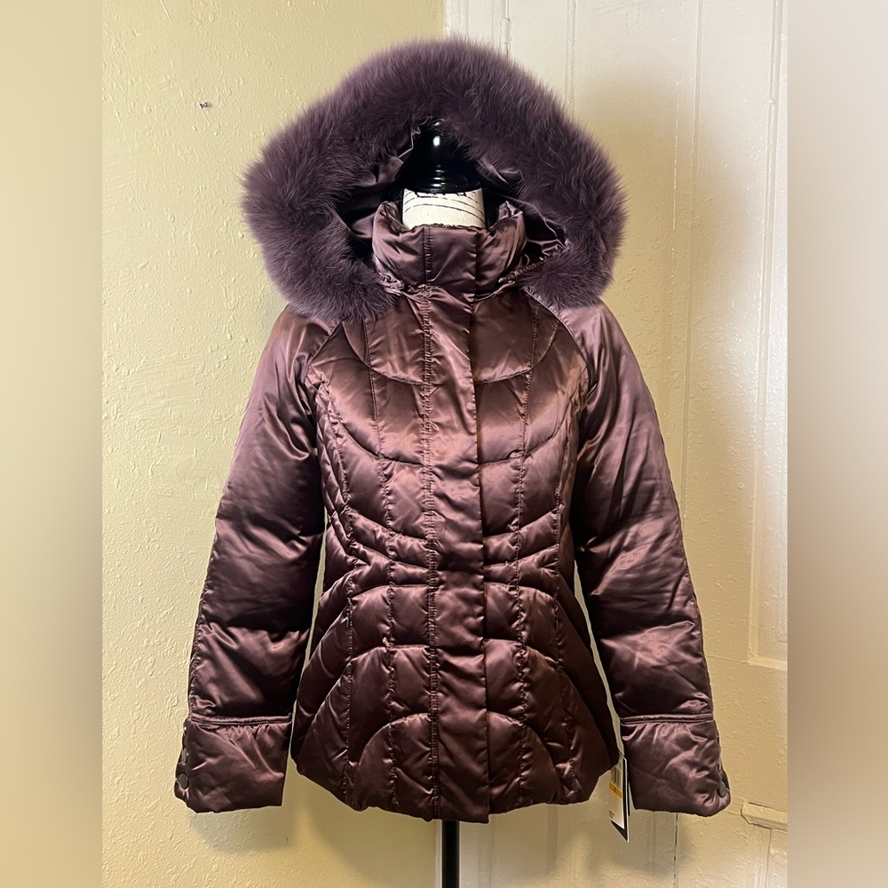 1 Madison Purple Satin Down Puffer Jacket Real Fur